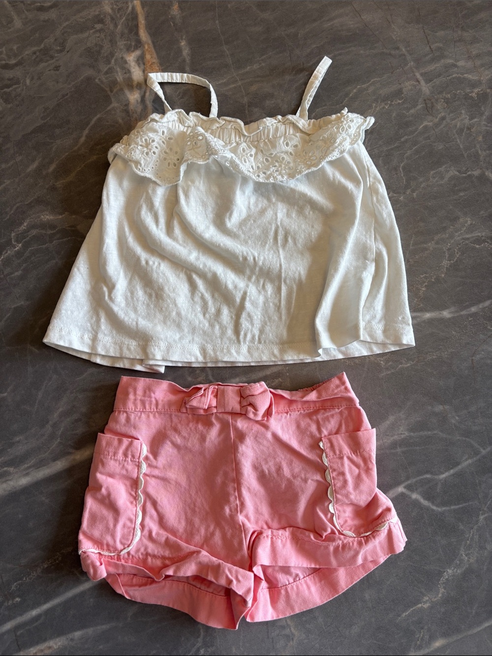 Zara White Eyelet Camisole with Pink Ruffle Shorts Set
